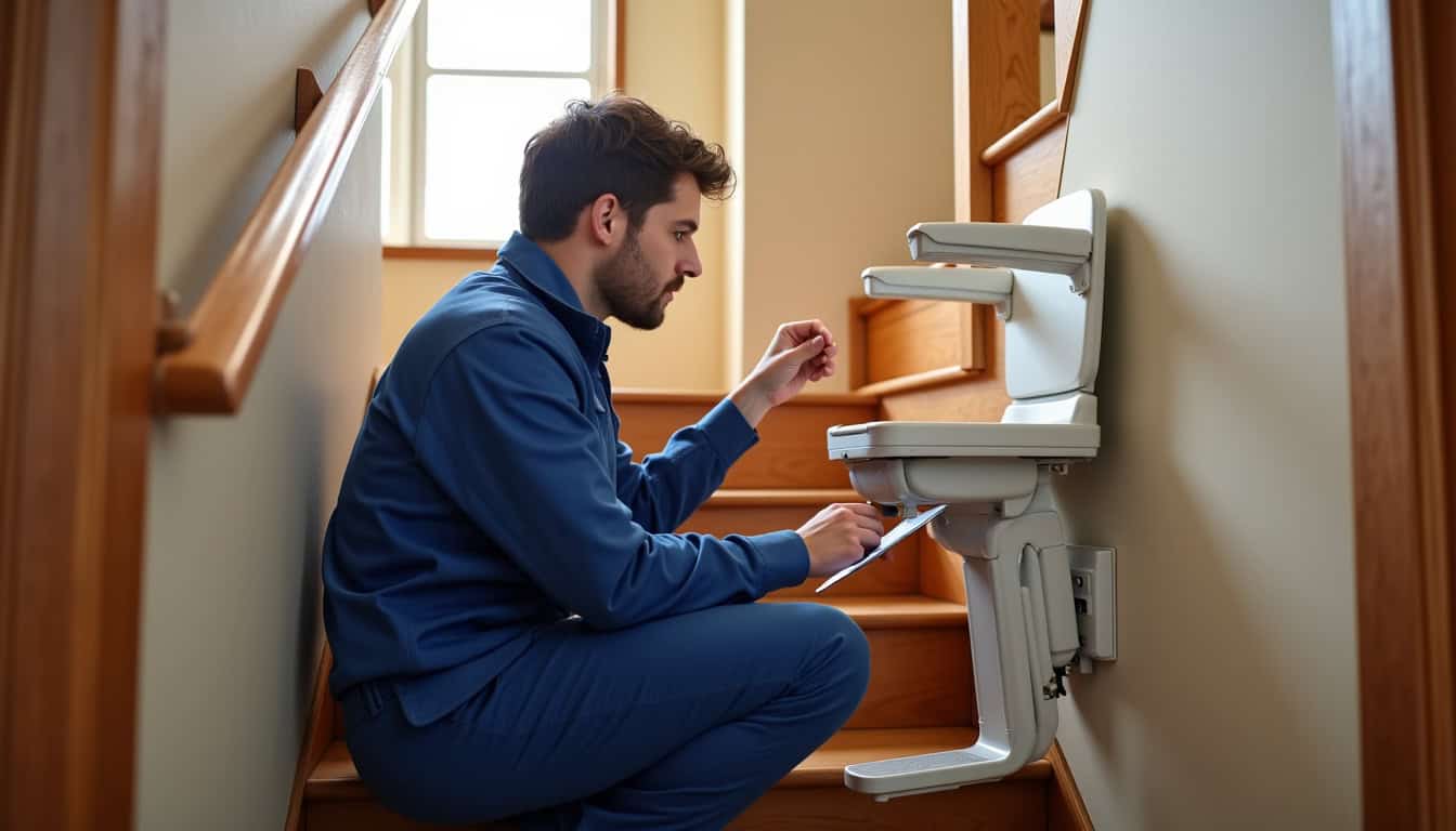 Technicien local en train de vérifier un monte-escalier à Joncherey