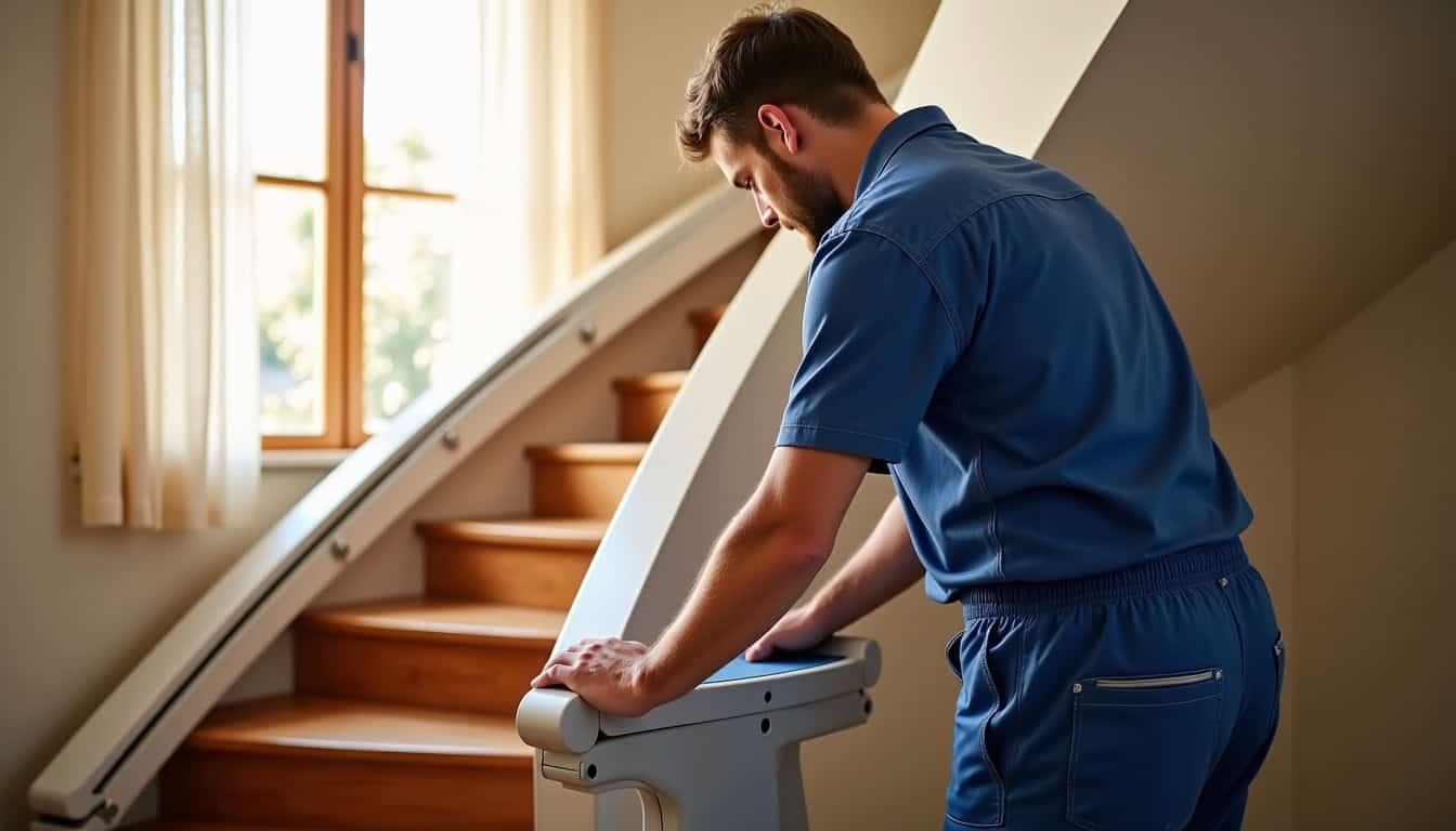 Technicien local installant un monte-escalier dans une maison de Plouguernével
