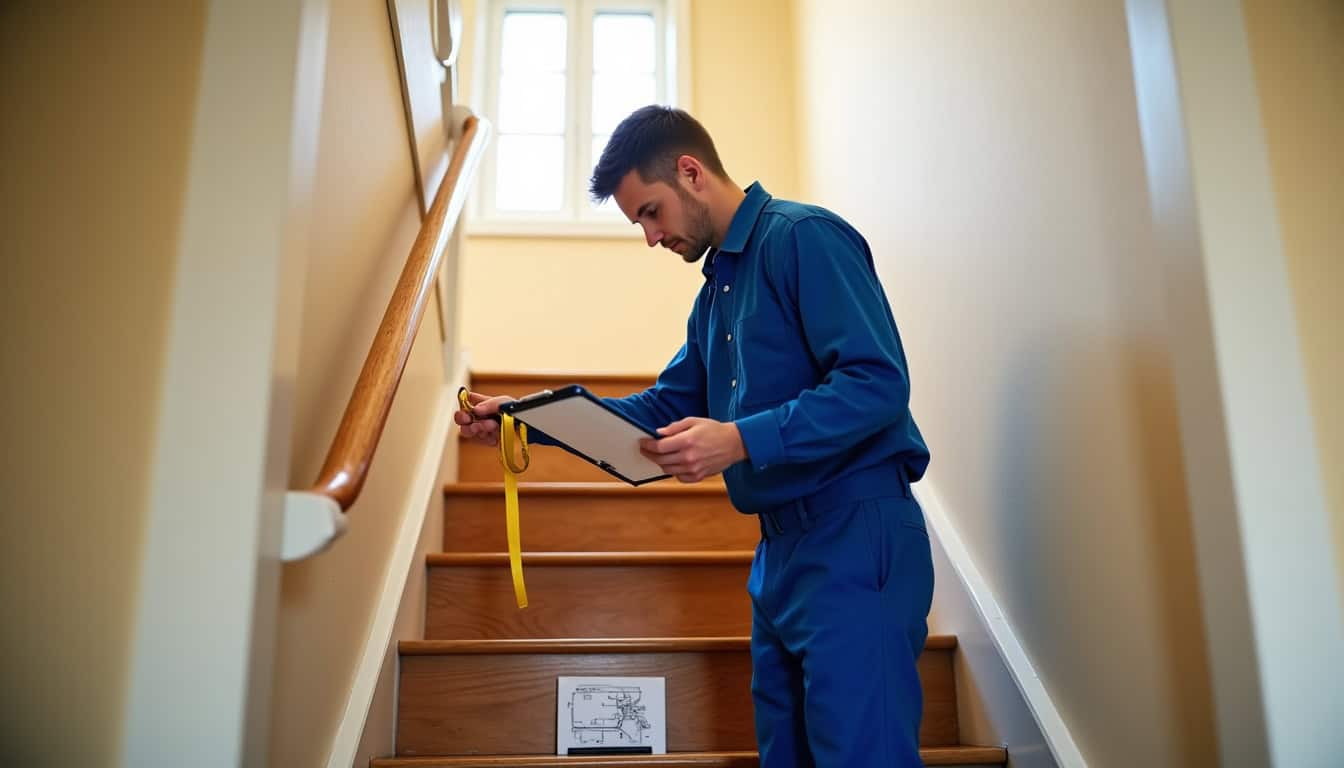 Technicien prenant des mesures pour un devis de monte-escalier à domicile à Cattenom