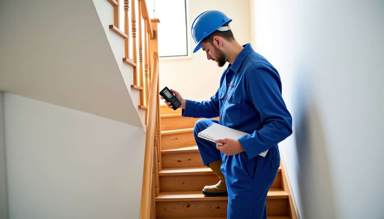 Technicien prenant des mesures pour un devis de monte-escalier à Saint-Loup-de-Varennes