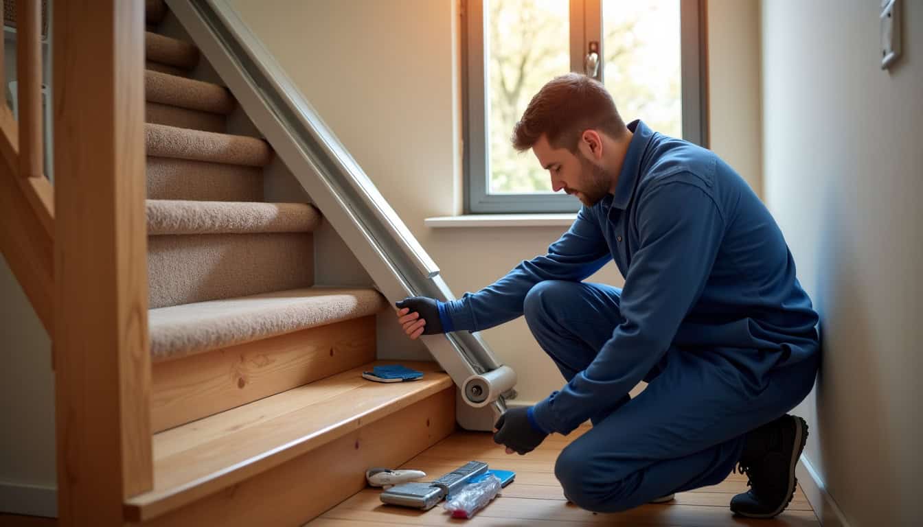 Technicien professionnel en train d’installer un monte-escalier intérieur dans une maison à Estevelles