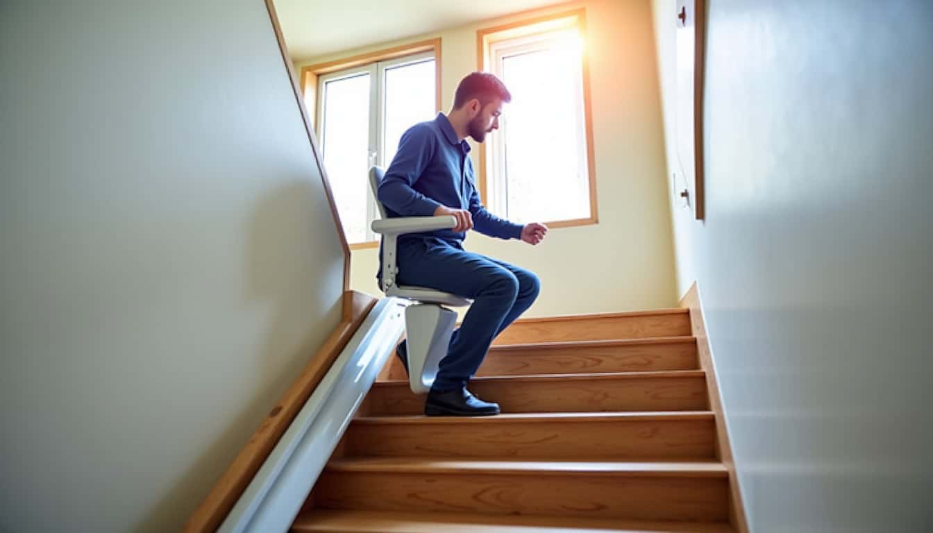 Technicien professionnel installant un monte-escalier dans une maison à Saint-Julien