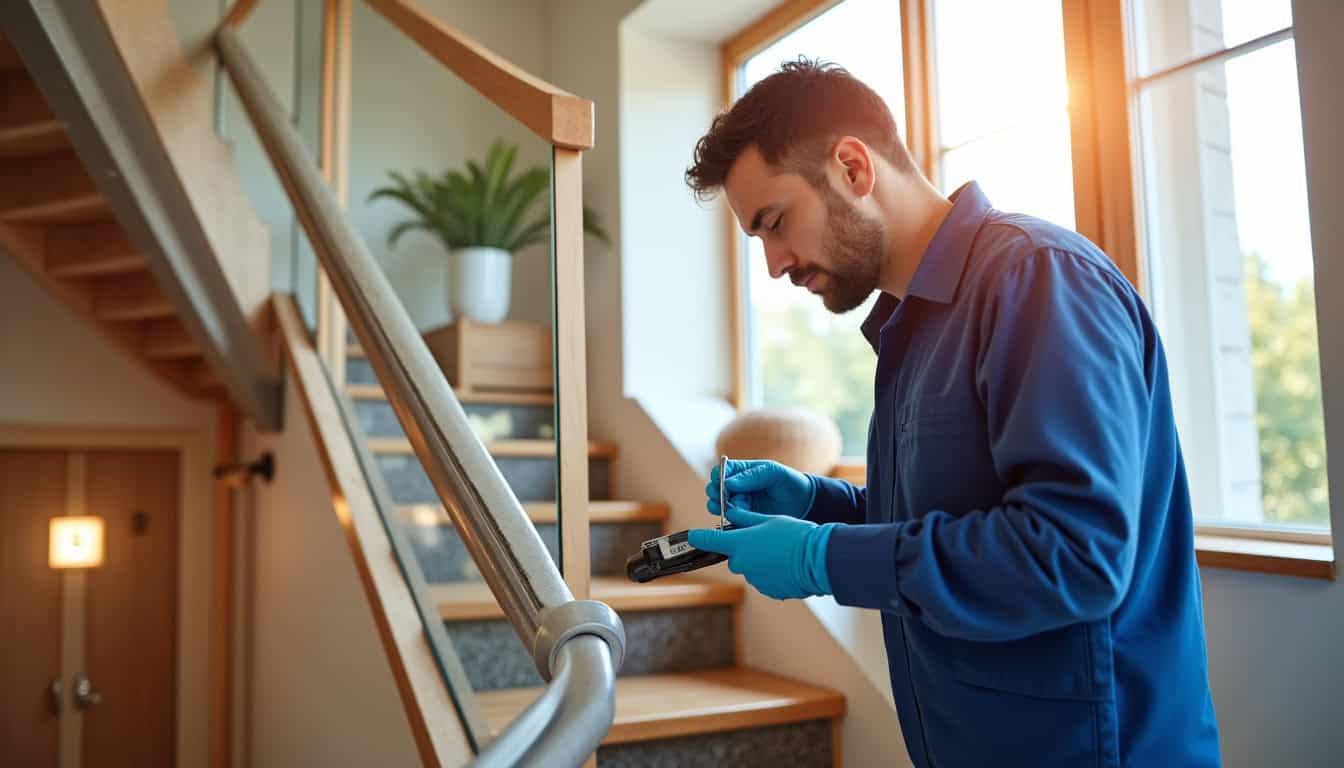 Technicien réalisant une maintenance préventive sur un monte-escalier à Baillif