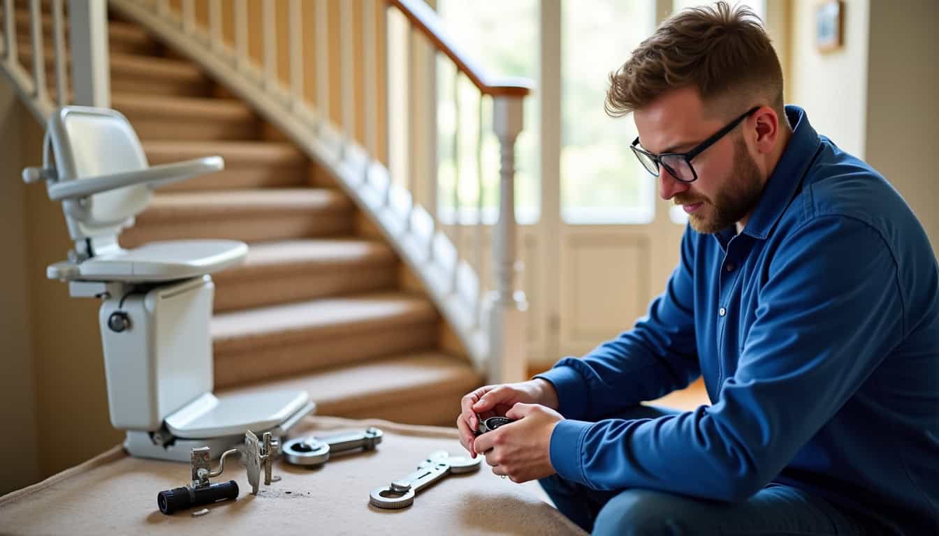 Technicien réalisant une maintenance préventive sur un monte-escalier en fonctionnement dans une maison à Moissac