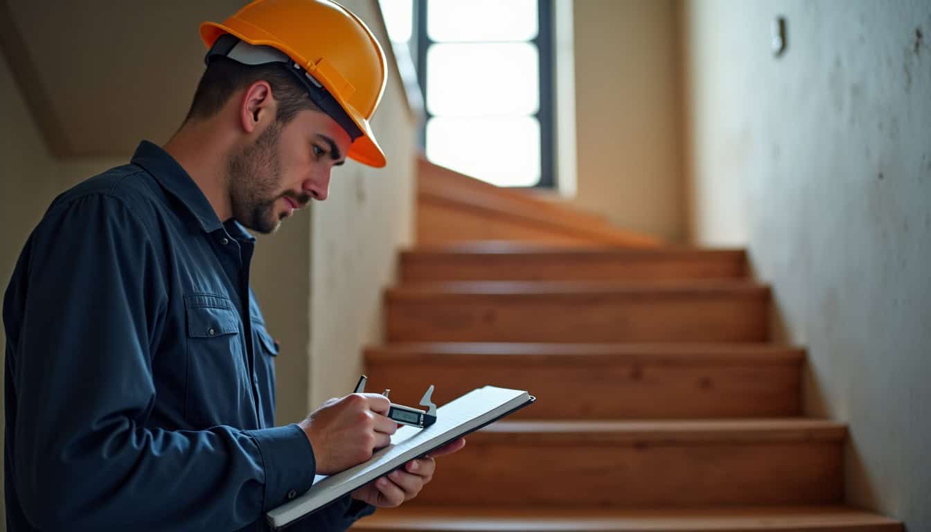 Technicien réalisant une mesure précise pour installation de monte-escalier à Laluque