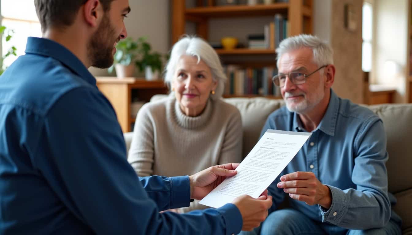Technicien remettant un devis détaillé à un couple âgé dans leur salon à Pommiers