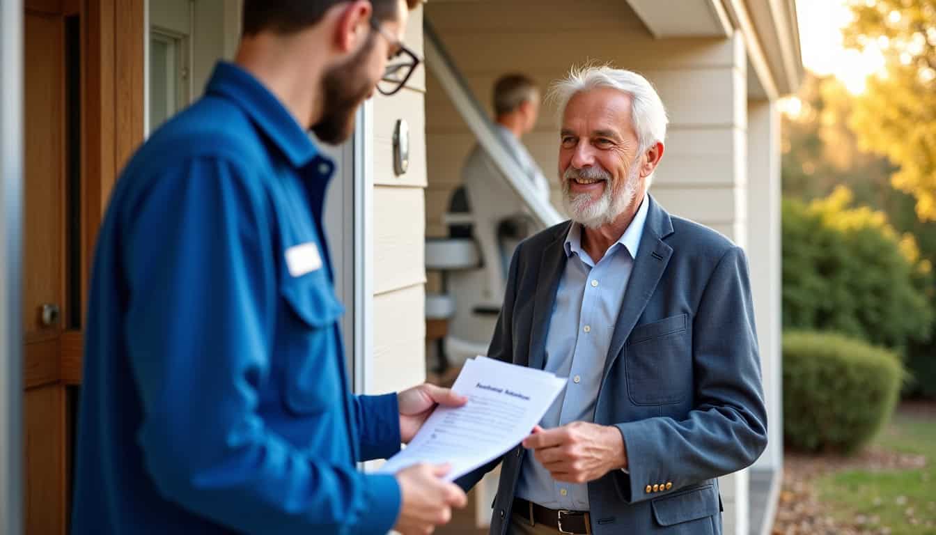 Technicien remettant un devis pour un monte-escalier à domicile à Margny-lès-Compiègne