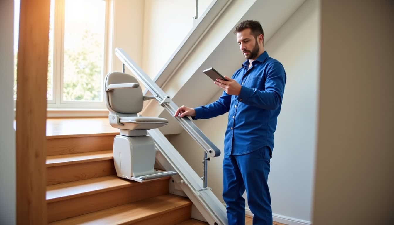 Technicien spécialisé en train de tester un monte-escalier à Excenevex