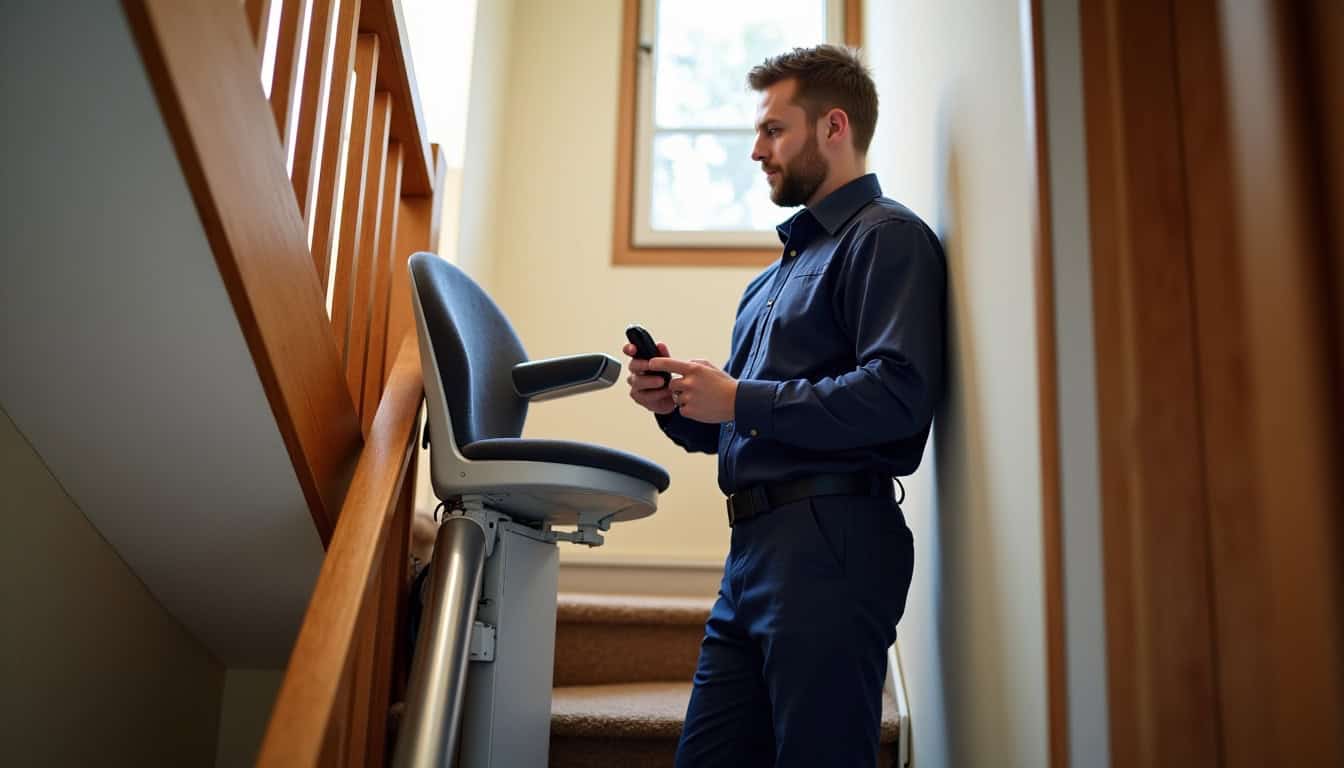 Technicien testant un monte-escalier fraîchement installé à Brou