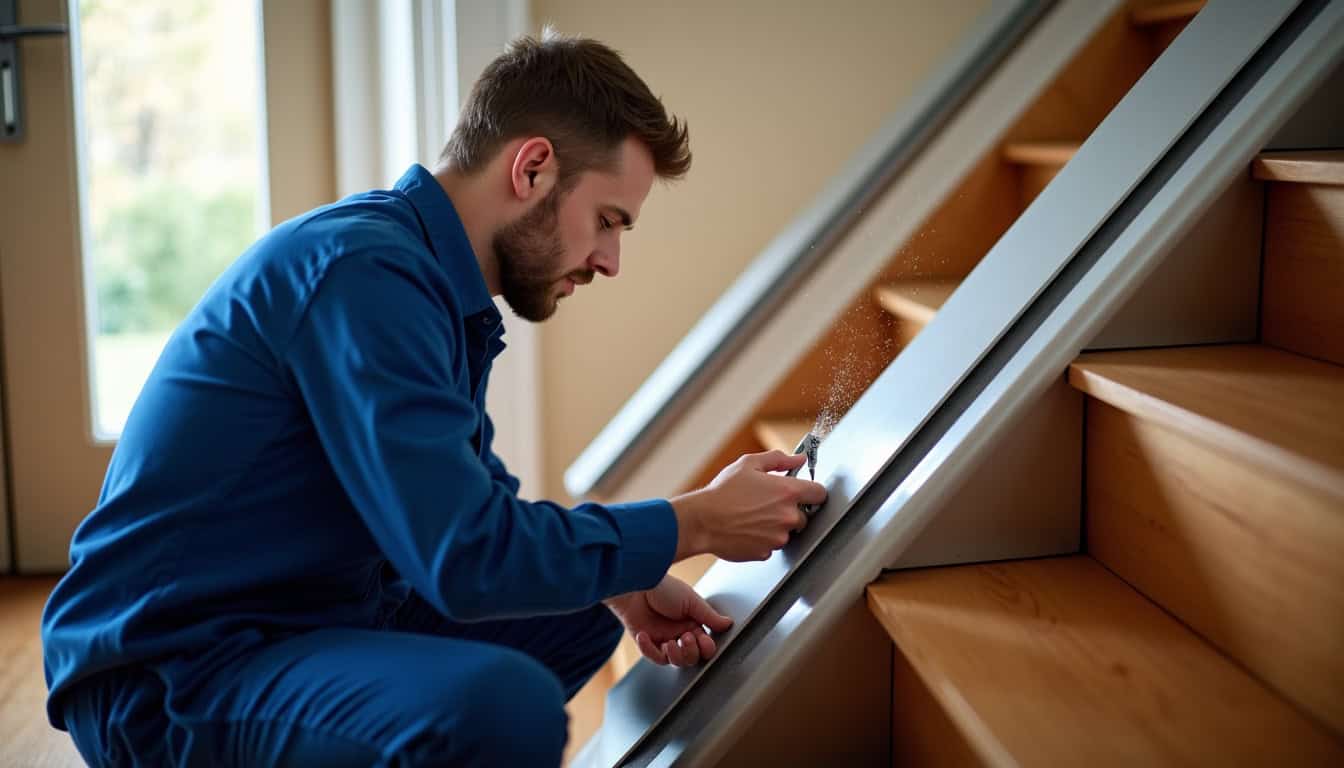 Technicien vérifiant le bon fonctionnement d’un monte-escalier à Thiberville