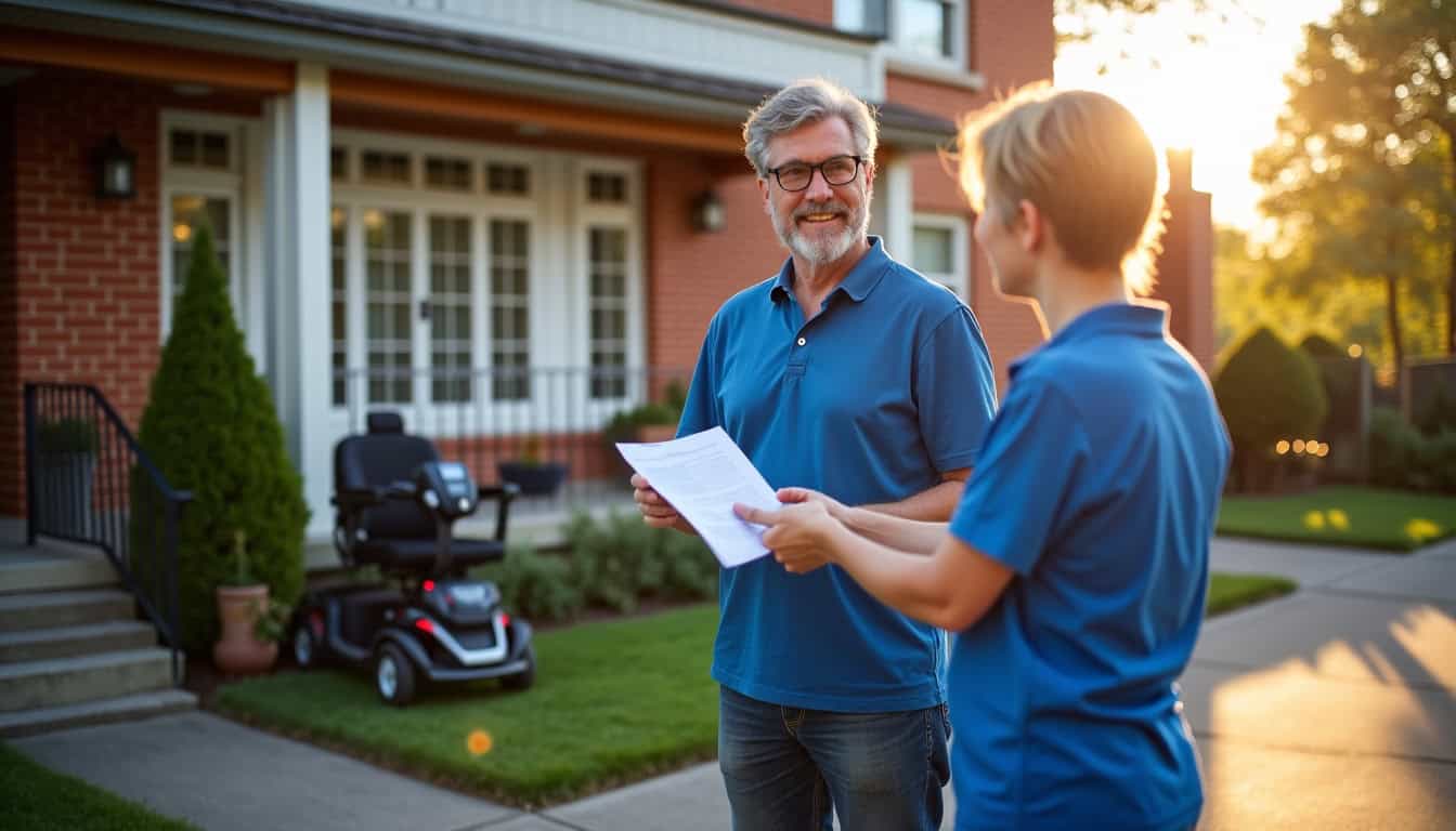 Un conseiller remet un devis pour un monte-escalier à un habitant de Stiring-Wendel