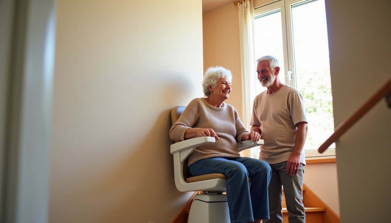 Un couple senior utilisant un monte-escalier à Sainte-Luce-sur-Loire