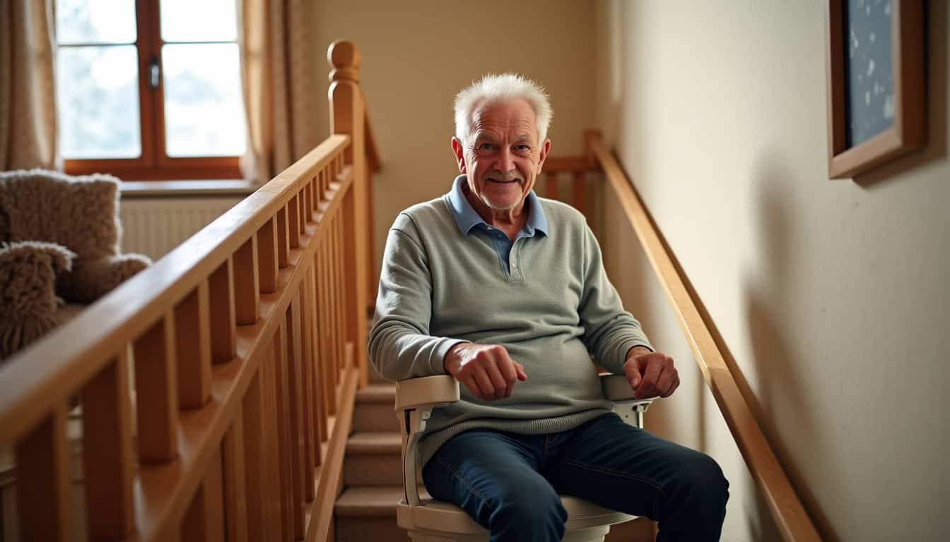 Un résident âgé utilisant son monte-escalier avec satisfaction dans sa maison à Auch