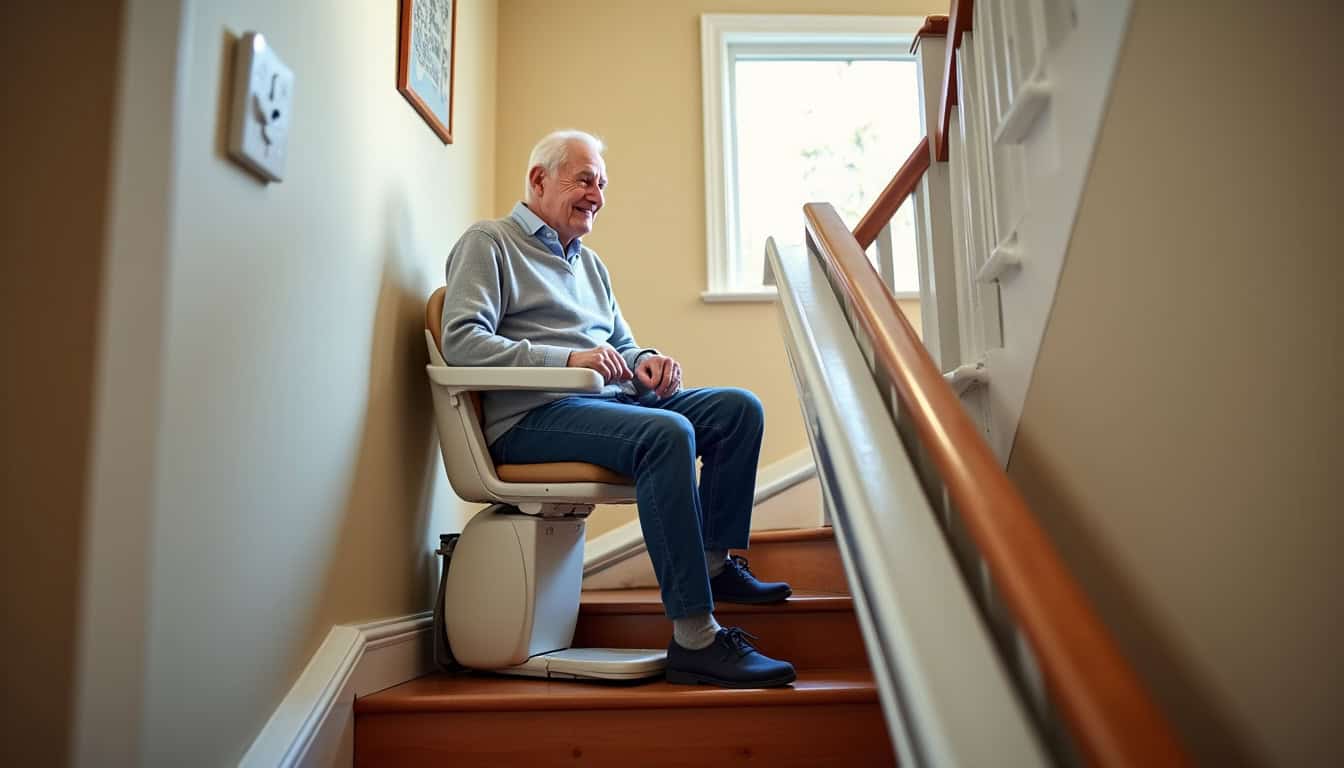 Un résident âgé utilise son monte-escalier à Saint-Justin avec satisfaction