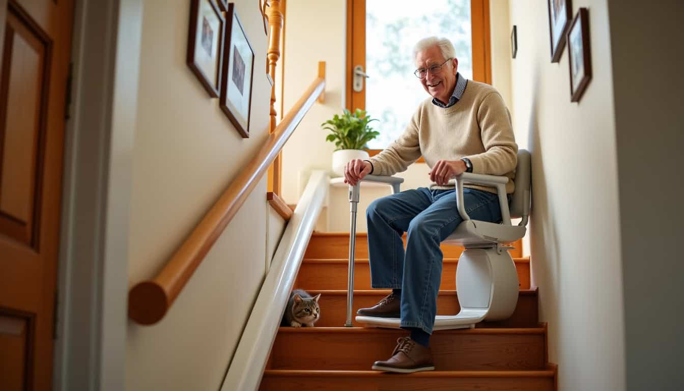 Un senior utilisant un monte-escalier dans sa maison à Lezay