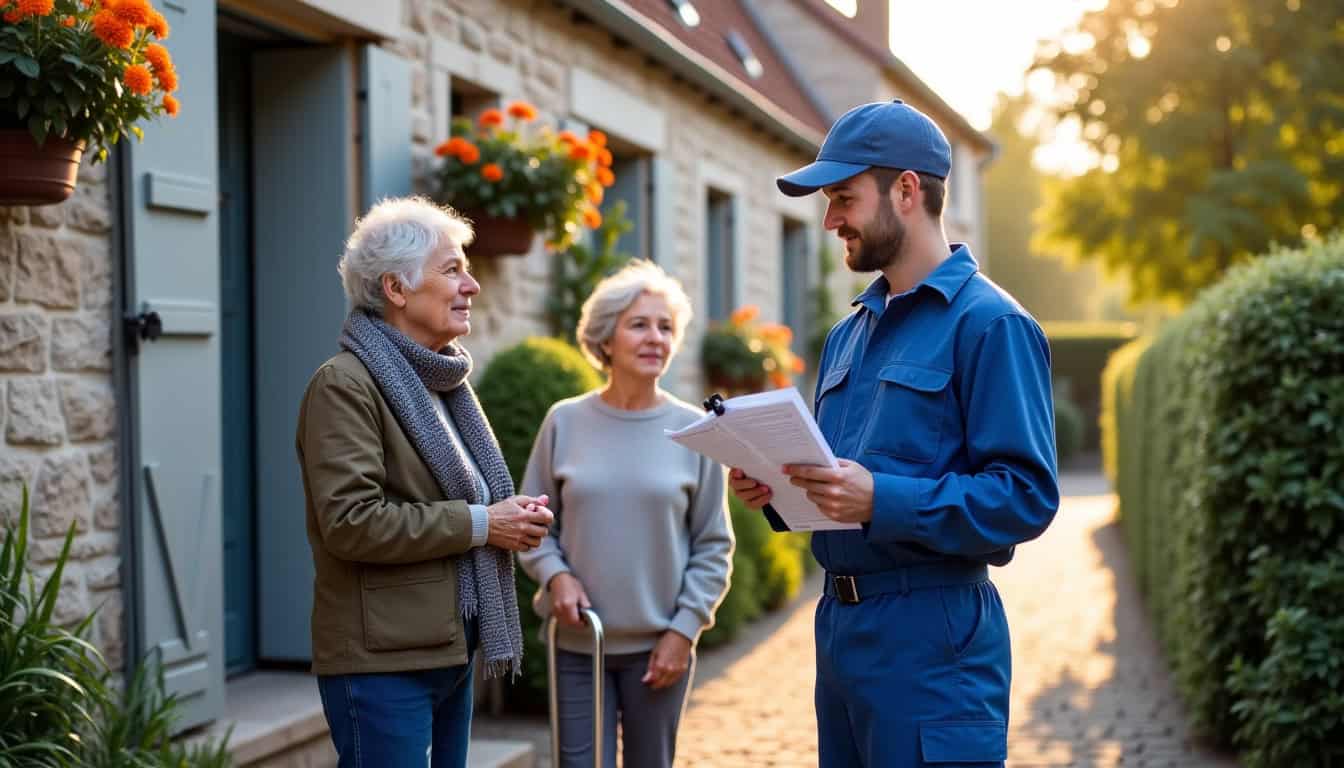 Un technicien discute avec un couple âgé devant un devis de monte-escalier à Vatteville-la-Rue