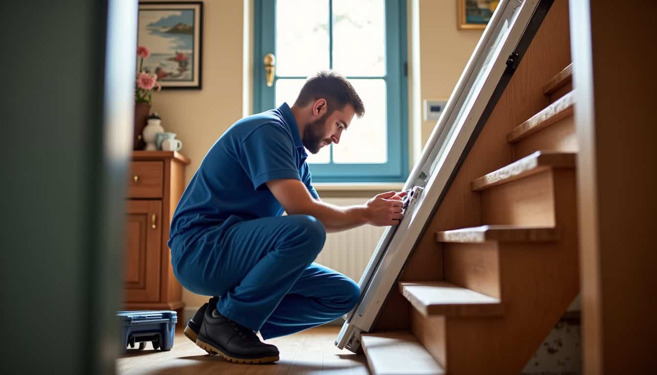 Un technicien en train de vérifier un monte-escalier dans une maison à Séné