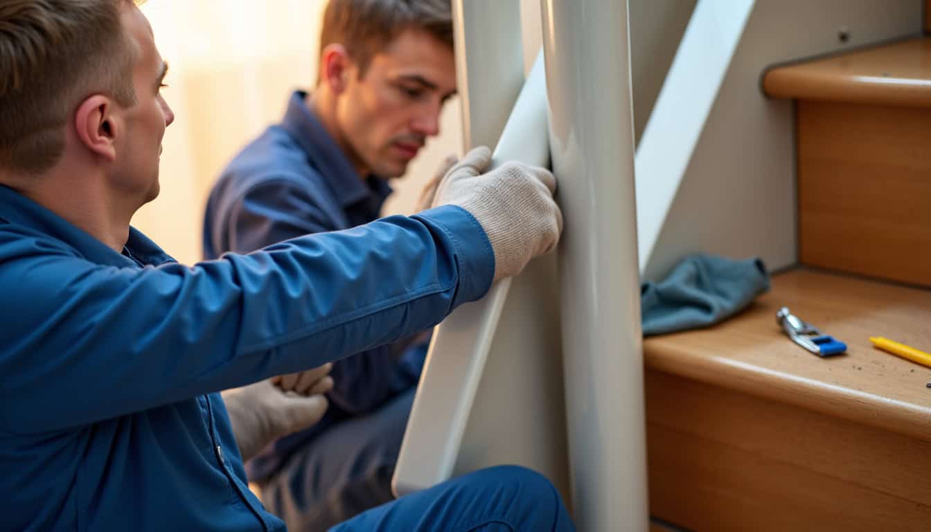 Un technicien en train d’installer un monte-escalier à Melesse