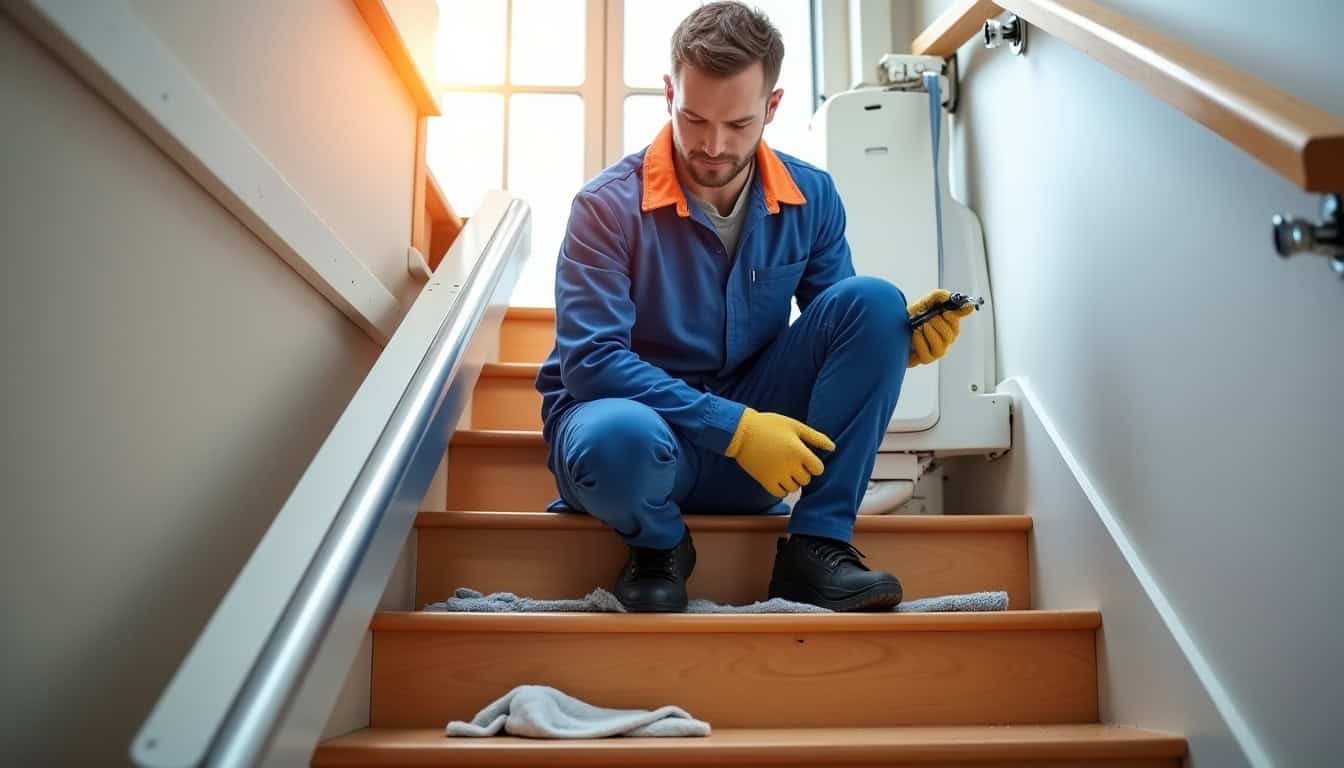Un technicien en train d’installer un monte-escalier à Royan