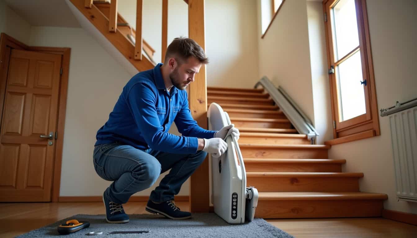 Un technicien en train d’installer un monte escalier dans une maison à Bourgueil