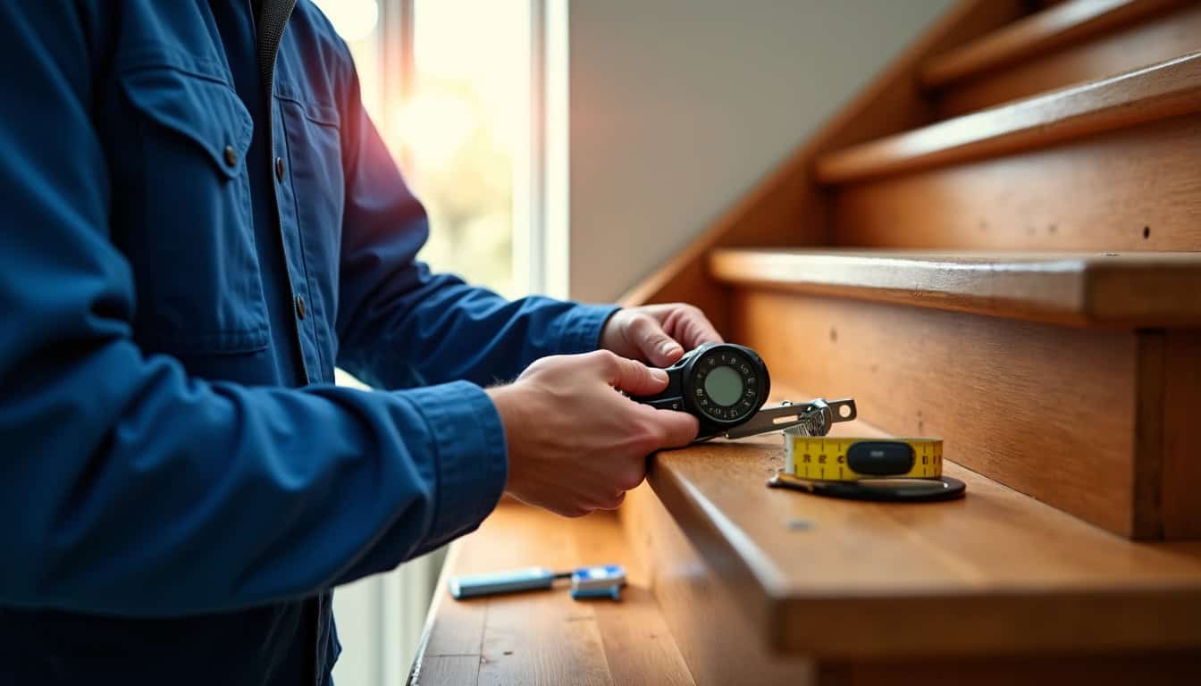 Un technicien mesure un escalier en bois avant installation d’un monte-escalier à Billy-sur-Aisne