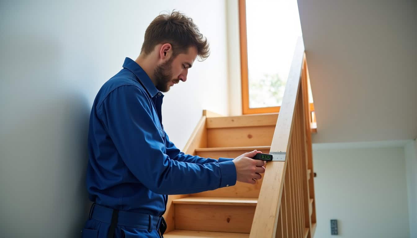 Un technicien mesure un escalier pour l’installation d’un monte-escalier à Bois-de-Haye