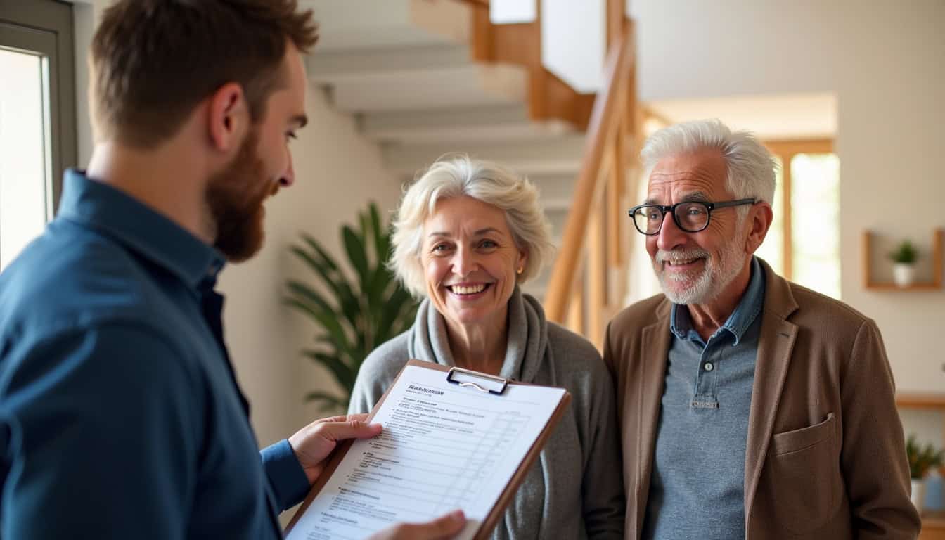 Un technicien remet un devis détaillé pour un monte-escalier à un couple âgé dans une maison de Pezens