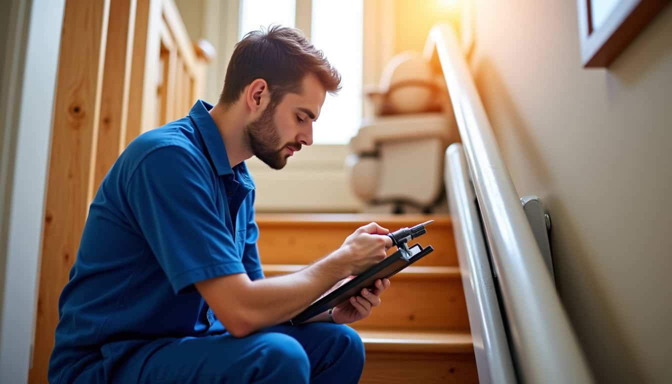 Un technicien vérifie le bon fonctionnement d’un monte escalier à Villages du Lac de Paladru