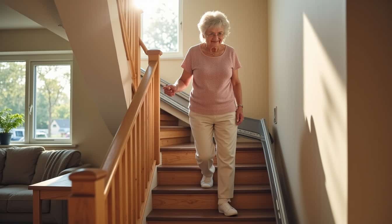 Une personne âgée utilisant un monte-escalier dans sa maison à Malause