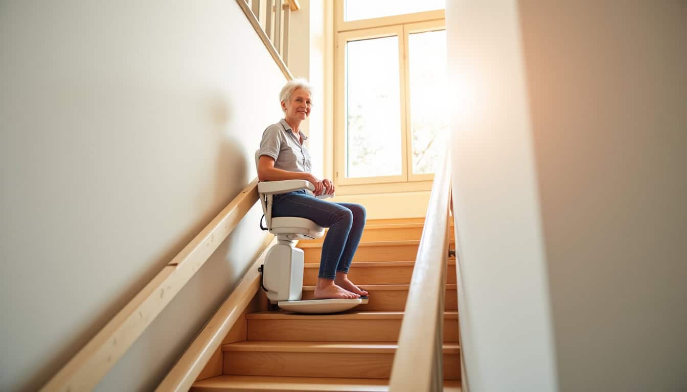 Une personne utilise un monte-escalier dans une maison de L’Aiguillon-la-Presqu’île, assise confortablement sur le siège lors d’une montée