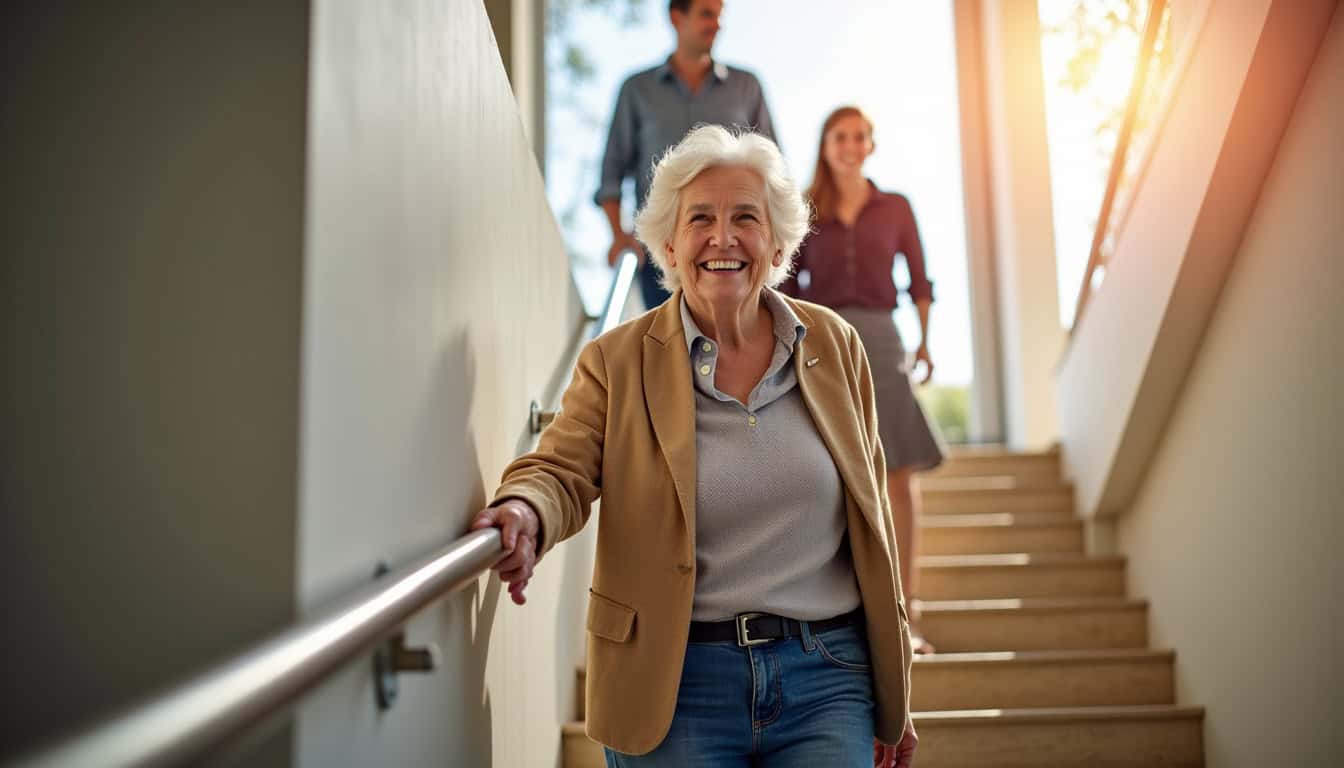 Une résidente âgée à Aubord utilisant son monte-escalier avec satisfaction, souriant pendant son déplacement entre deux étages
