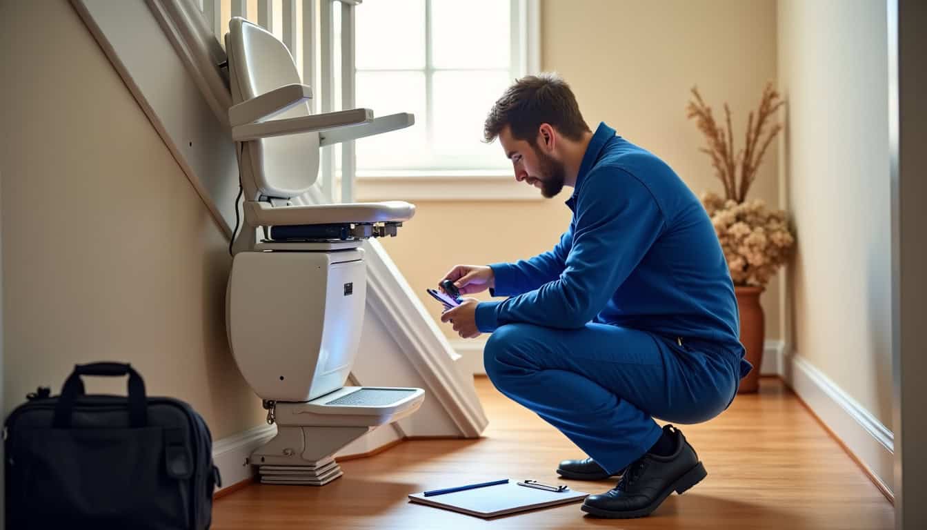 Vérification d’un monte-escalier d’occasion par un technicien à Le Muy