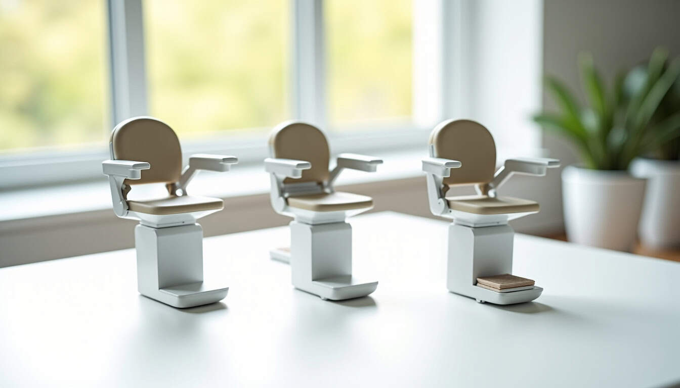 Vue comparative des différents types de monte-escaliers installés à Pontoise: droit, tournant et plateforme élévatrice