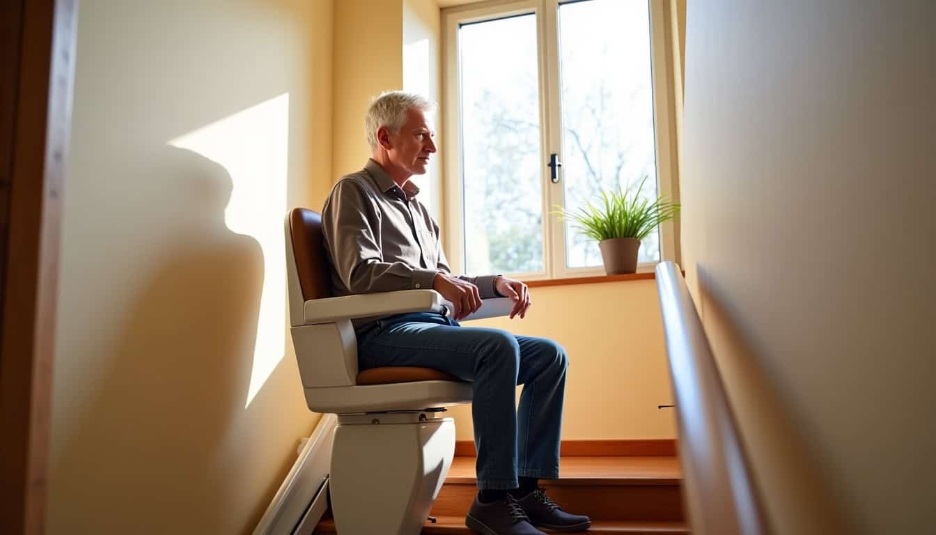 Vue d’ensemble d’un monte-escalier en cours d’utilisation à Annemasse