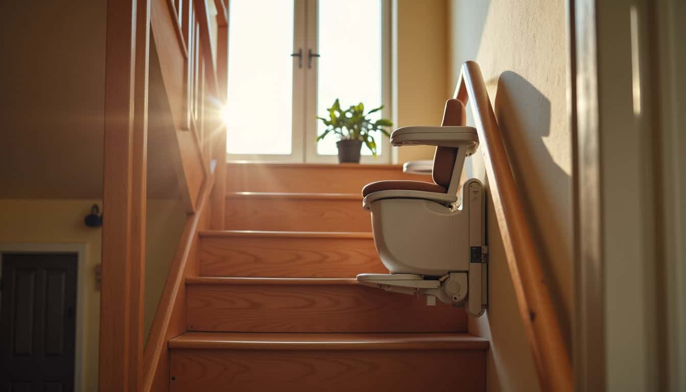 Vue d’ensemble d’un monte-escalier installé dans une maison à Jouarre, intégré discrètement à l’escalier