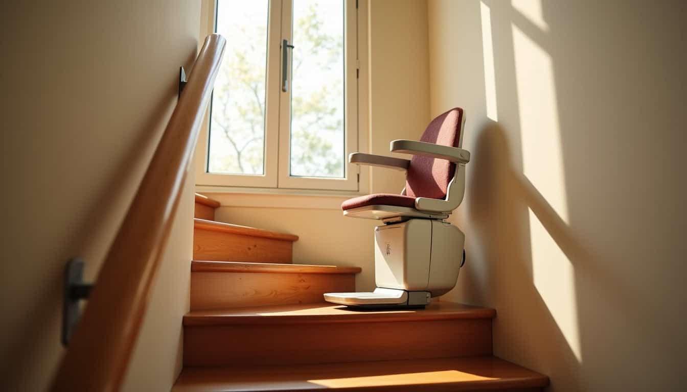 Vue d’intérieur d’un monte-escalier en fonctionnement dans une maison à Mouchamps