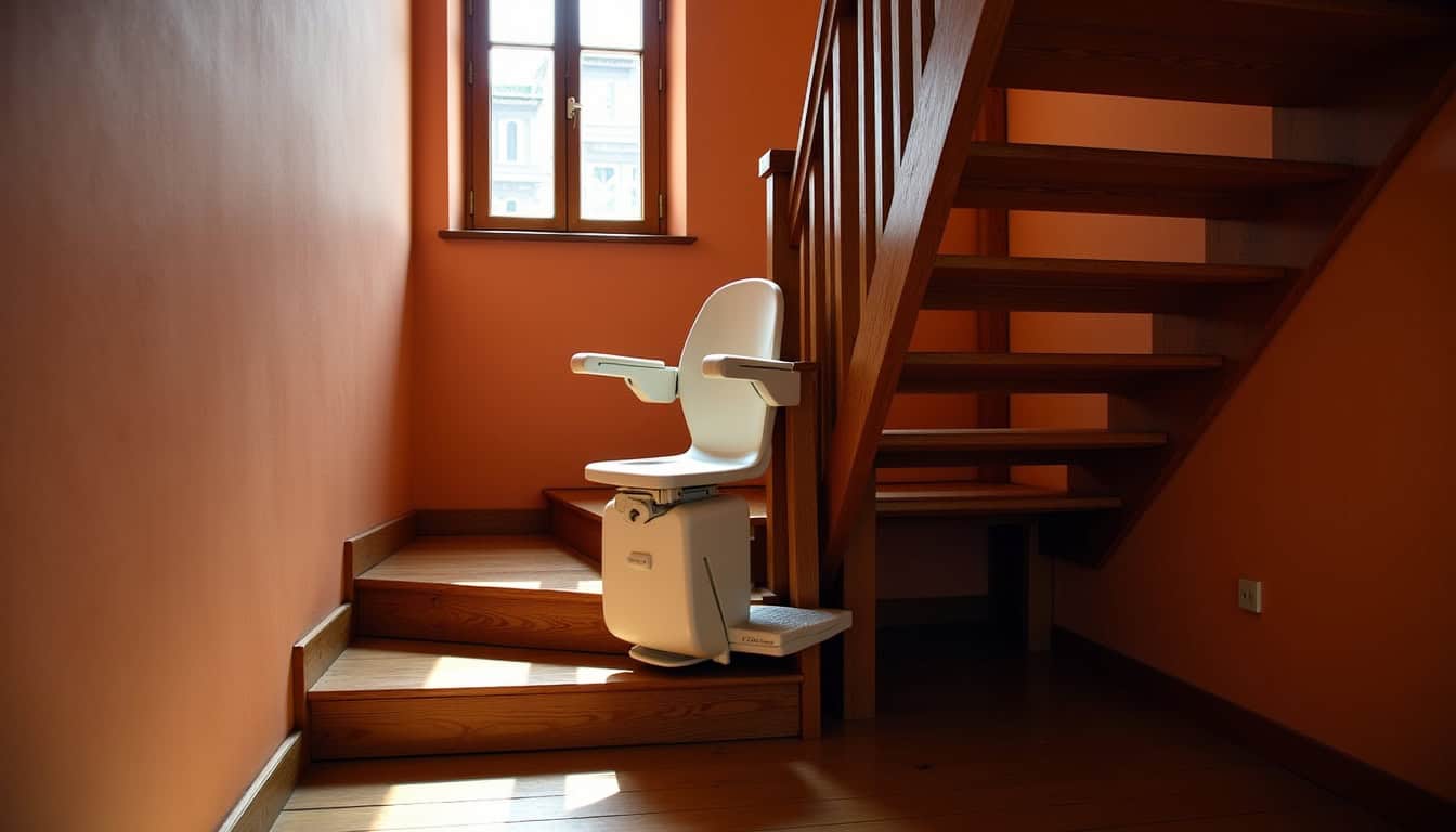 Vue d’intérieur d’un monte-escalier installé dans une maison traditionnelle du Beaujolais