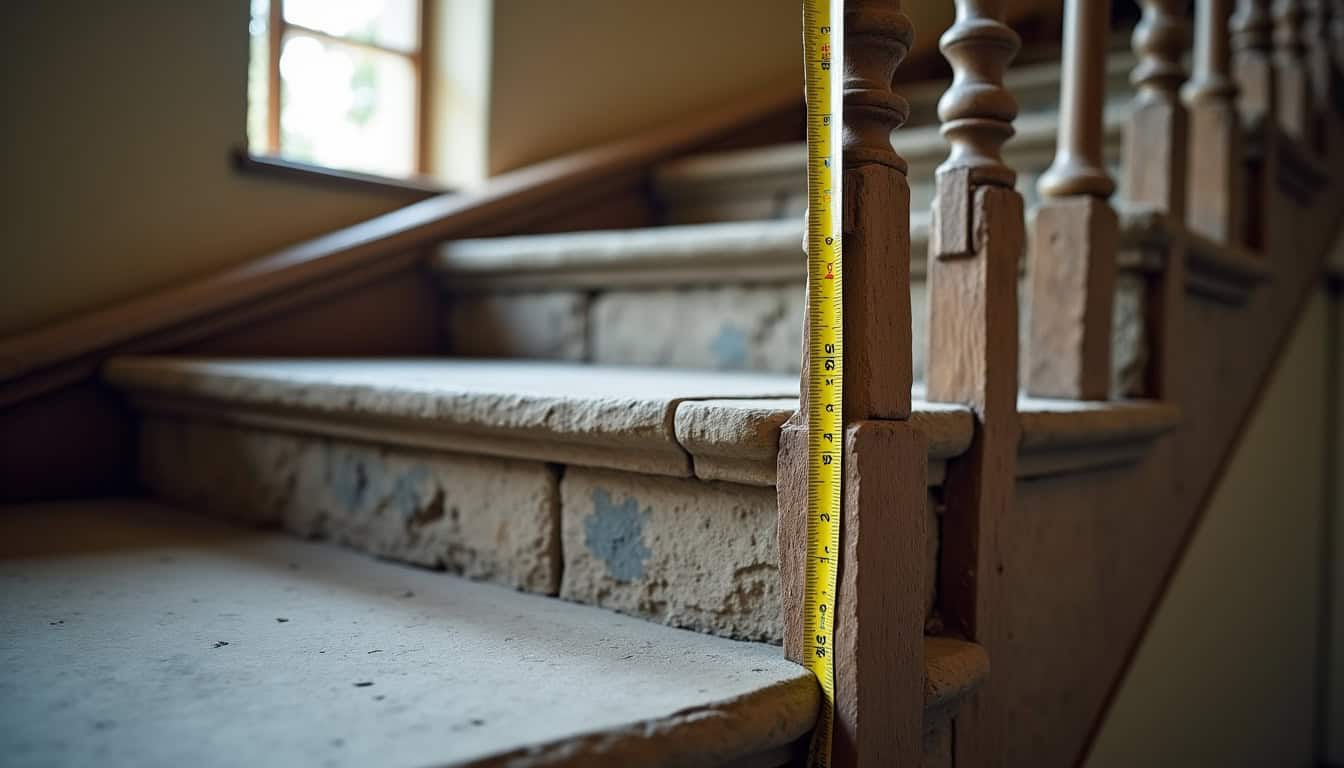 Vue d’un escalier ancien à Balinghem avec mesure de largeur pour installation de monte-escalier