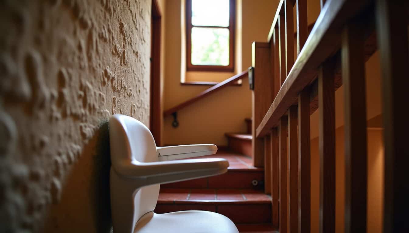 Vue d’un monte-escalier assis installé dans une maison traditionnelle de Gerde
