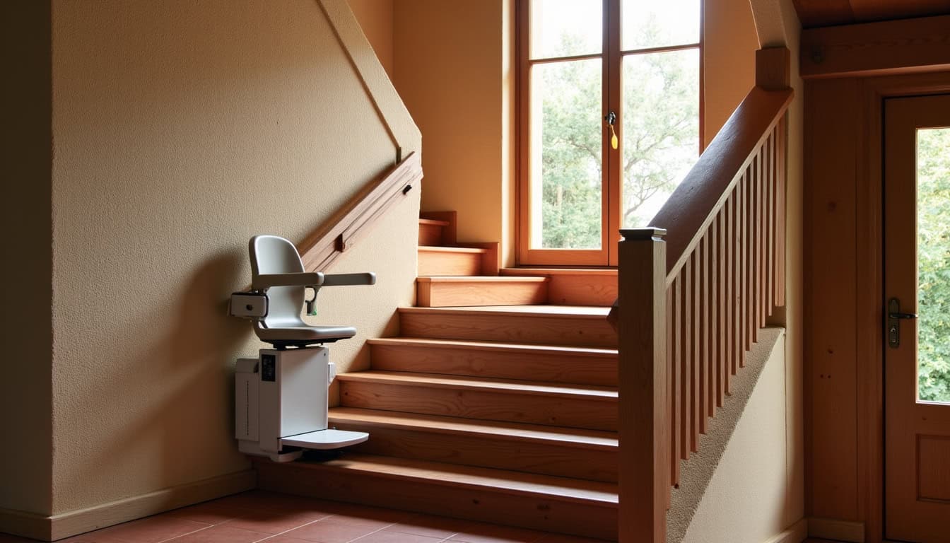 Vue d’un monte-escalier droit installé dans une maison traditionnelle de La Tour-sur-Orb