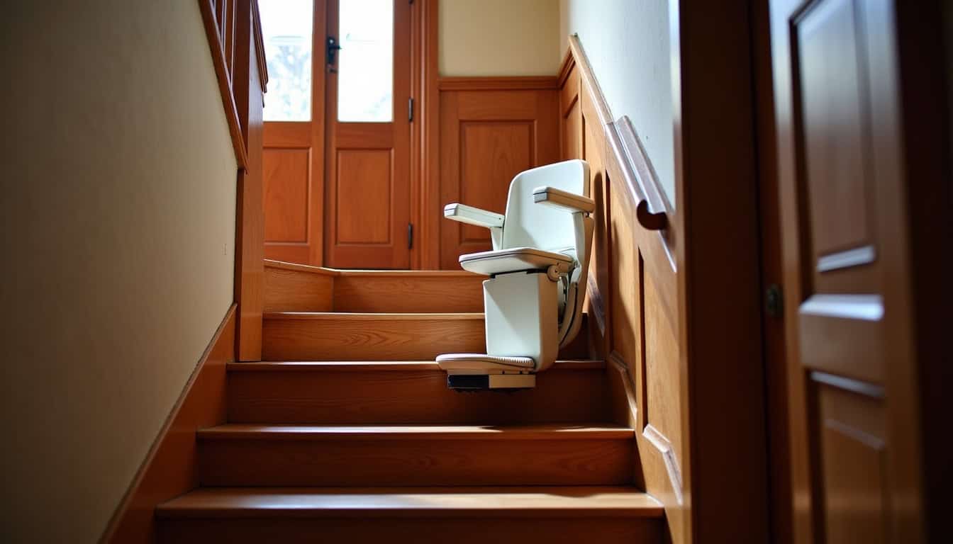 Vue d’un monte-escalier droit installé dans une maison traditionnelle de Tourville-la-Rivière
