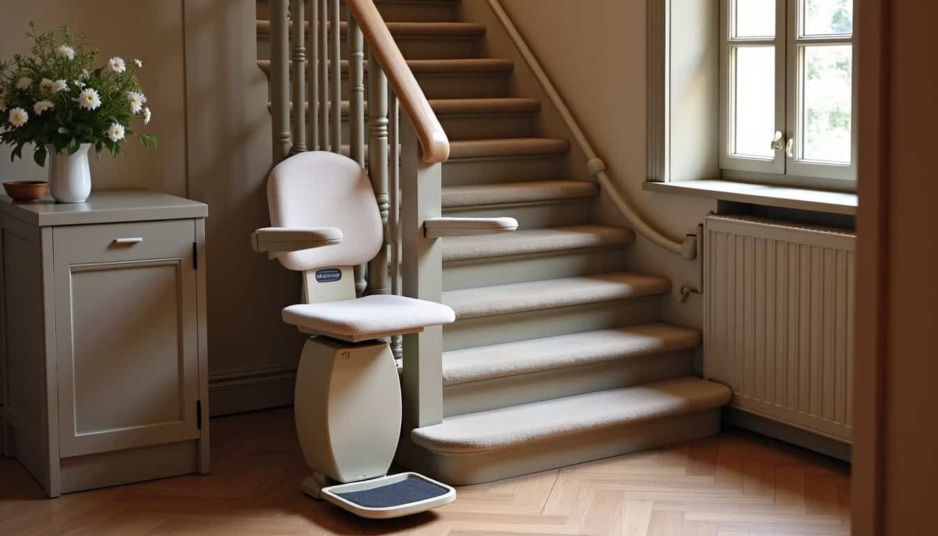 Vue d’un monte-escalier tournant dans une maison ancienne à Vendémian, bien intégré dans la décoration, rail peint en gris taupe et siège en tissu beige