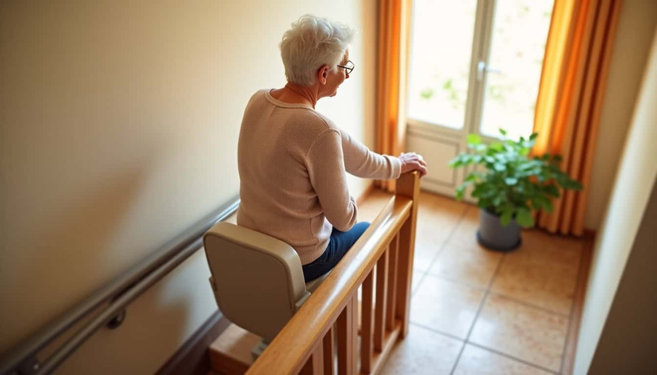 Vue d’un monte escalier tournant en cours d’utilisation dans une maison à Dourgne