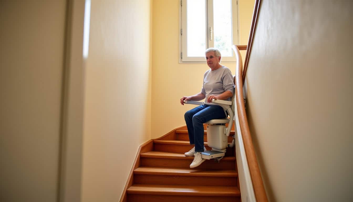 Vue d’un monte-escalier tournant en cours d’utilisation dans une maison de Perriers-sur-Andelle
