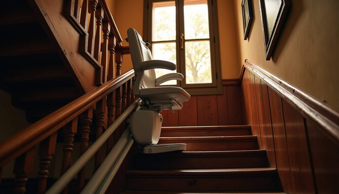 Vue d’un monte-escalier tournant en fonctionnement dans une maison ancienne à Guîtres