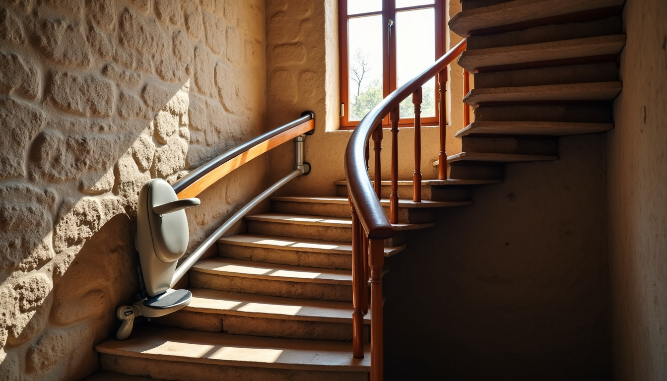 Vue d’un monte-escalier tournant installé dans une maison ancienne à Magny-Vernois