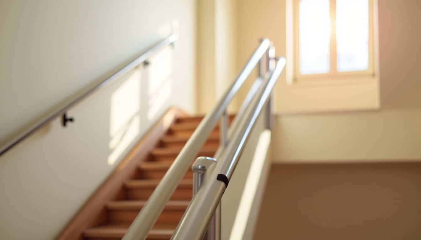 Vue d’un rail de monte-escalier installé sur un escalier droit à Le Grand-Lucé