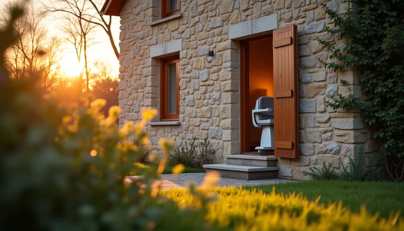 Vue extérieure d’une maison traditionnelle à Charvieu-Chavagneux avec un monte-escalier installé à l’intérieur visible par une fenêtre ouverte
