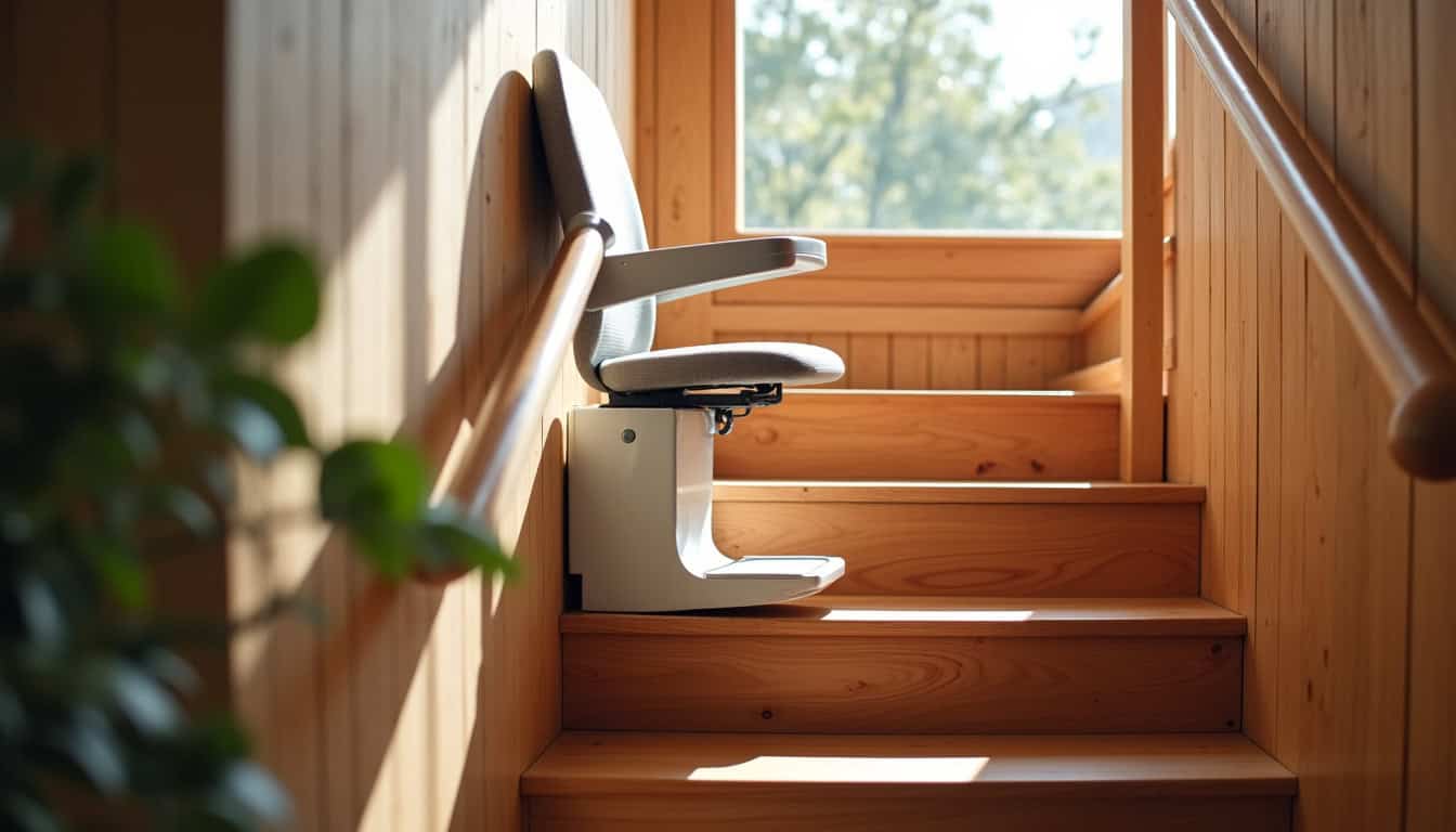 Vue finale d’un monte-escalier installé dans une maison de Prunelli-di-Fiumorbo, montrant l’intégration esthétique dans l’escalier en bois