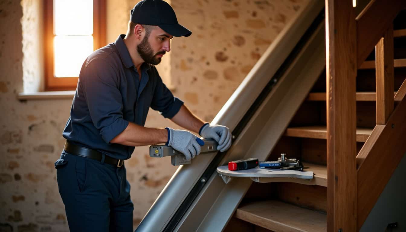 Artisan local installant un monte-escalier dans l